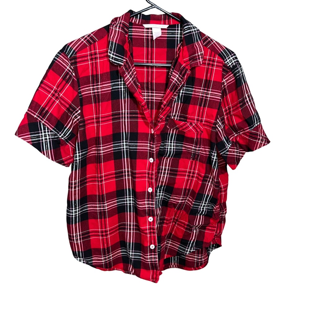 Victoria's Secret Pajama Set Womens Medium Red Black Plaid Metallic Shimmer PJ